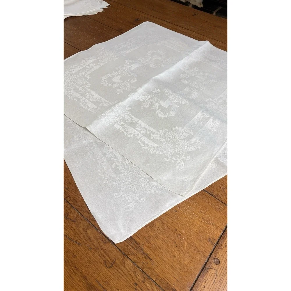 Vintage White Damask Napkin Set Floral Medallion European Elegance Fine Quality